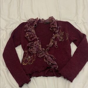 Aubergine Ruffle Wrap Wool Cardigan